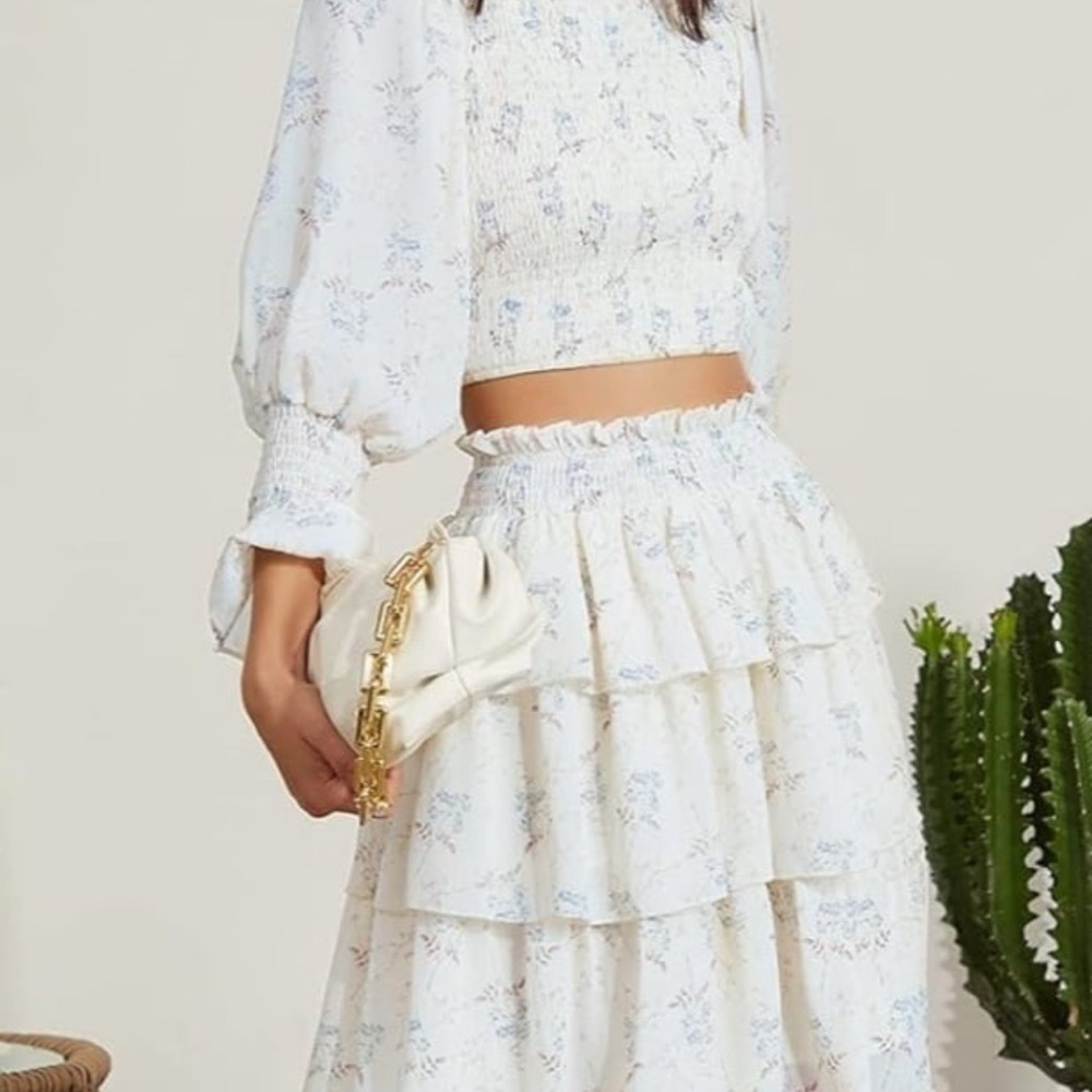 Womens White Blue Floral 2-Piece Set Off Shoulder Top + Skirt Cottagecore Boho S - Picture 2 of 12